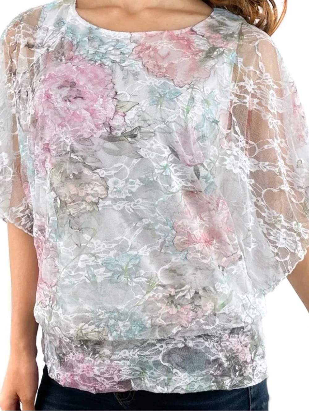 BRITTANY BLACK Floral Lace Print Top With Banded Botto built in